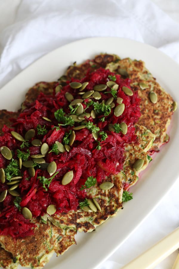 Courgette Fritters with Beetroot and Apple Coleslaw