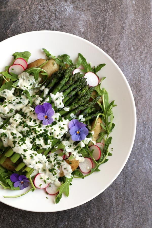 New Potato Asparagus Salad with Coconut Yoghurt and Chive Dressing