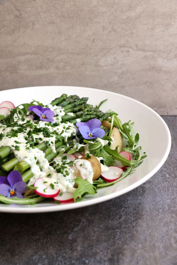 New Potato Asparagus Salad with Coconut Yoghurt and Chive Dressing