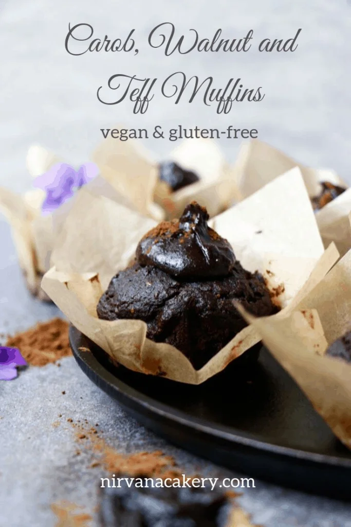 Carob, Walnut and Teff Muffins with Carob Tahini Frosting (gluten-free & vegan)