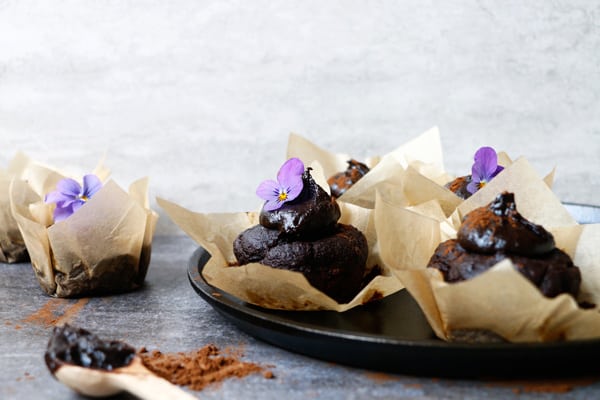 Carob, Walnut and Teff Muffins with Carob Tahini Frosting (gluten-free & vegan)