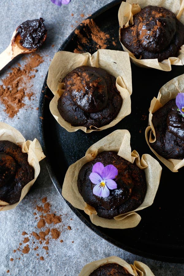 Carob, Walnut and Teff Muffins with Carob Tahini Frosting (gluten-free & vegan)