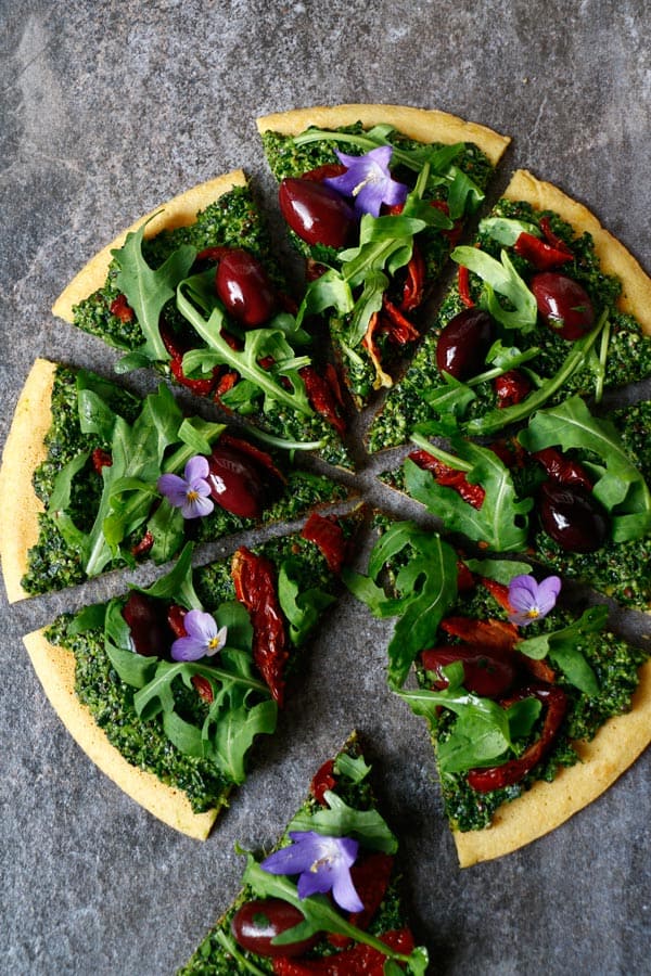 Socca Pizza with Hemp and Pumpkin Seed Kale Pesto (gluten-free & vegan)