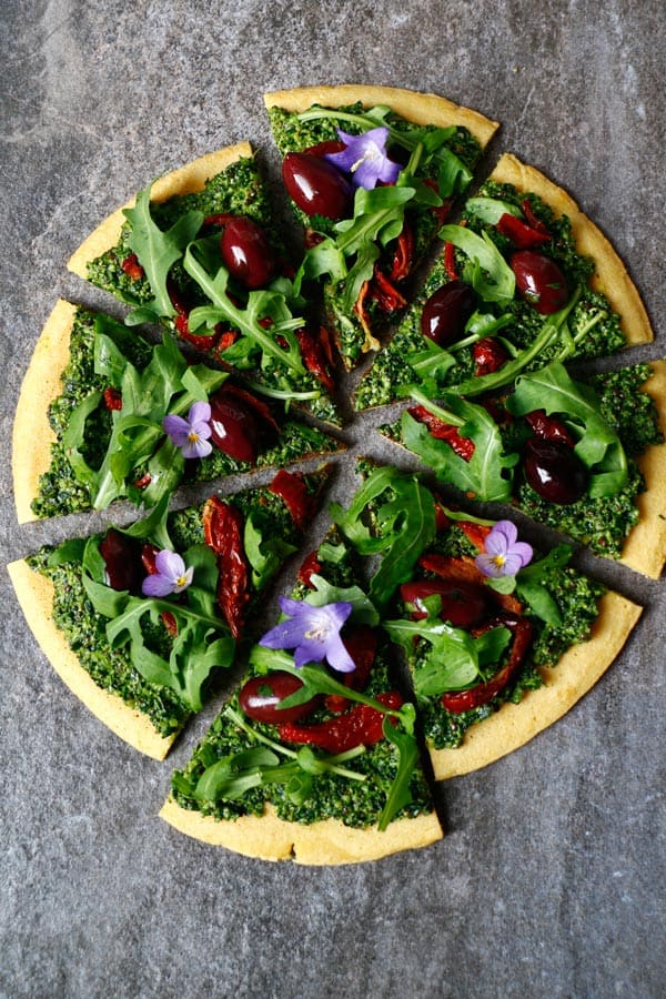Socca Pizza with Hemp and Pumpkin Seed Kale Pesto (glutenfree & vegan) Nirvana Cakery