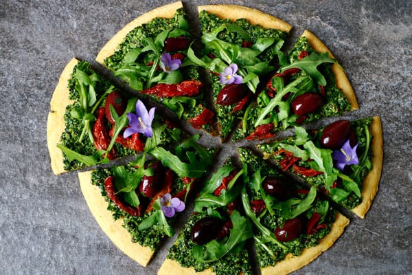 Socca Pizza with Hemp and Pumpkin Seed Kale Pesto (gluten-free & vegan)