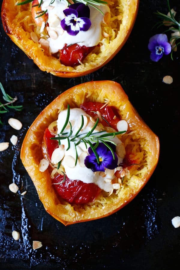 Roasted Spaghetti Squash with Plums and Cashew Sauce (grain-free & vegan)