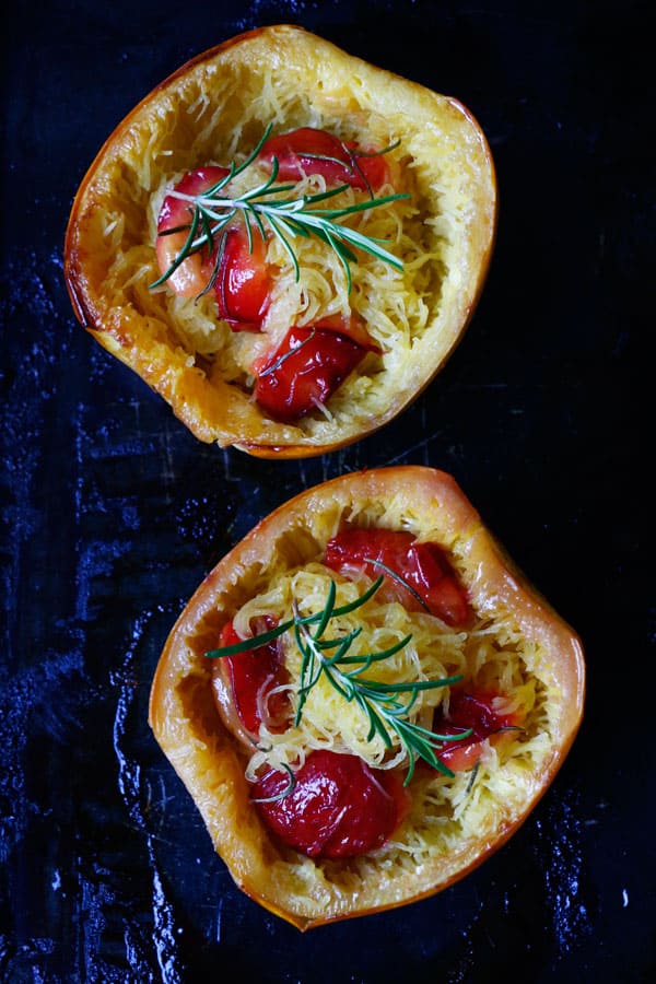 Roasted Spaghetti Squash with Plums and Cashew Sauce (grain-free & vegan)
