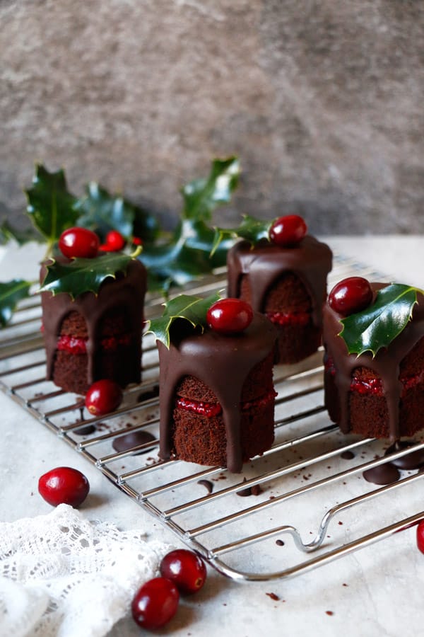 Chocolate Cranberry Christmas Mini Cakes (vegan, gluten