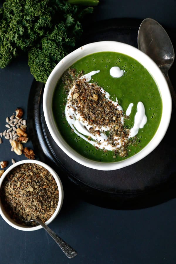 Celeriac Apple Kale Soup with Walnut Dukkah