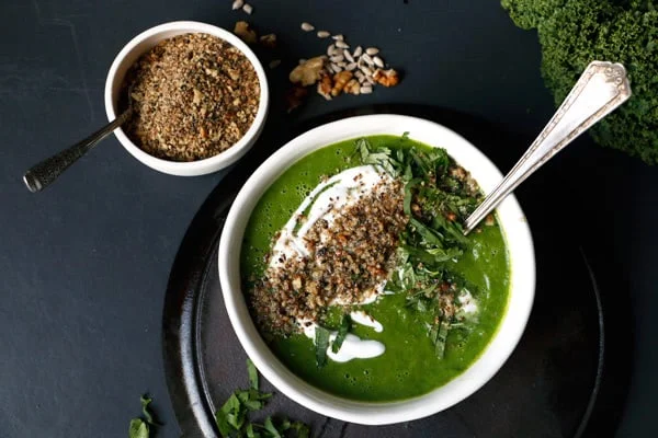 Celeriac Apple Kale Soup with Walnut Dukkah