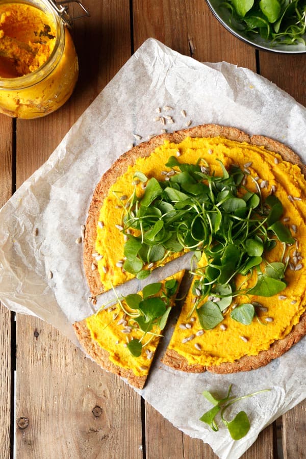 Parsnip Pizza with Roasted Carrot Parsnip Hummus (grain-free & vegan)