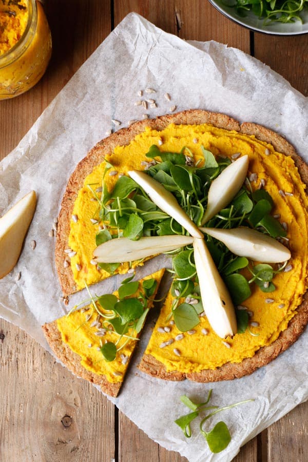 Parsnip Pizza with Roasted Carrot Parsnip Hummus (grain-free & vegan)