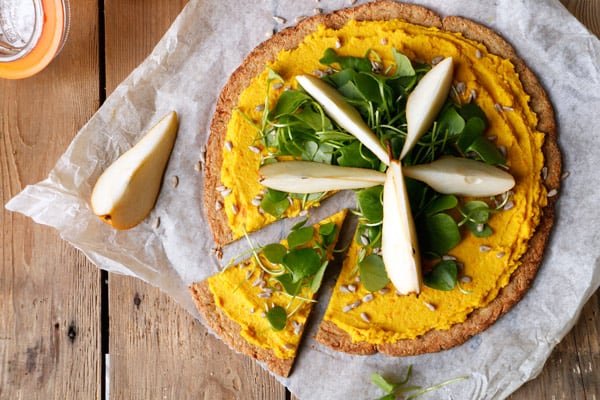 Parsnip Pizza with Roasted Carrot Parsnip Hummus (grain-free & vegan)