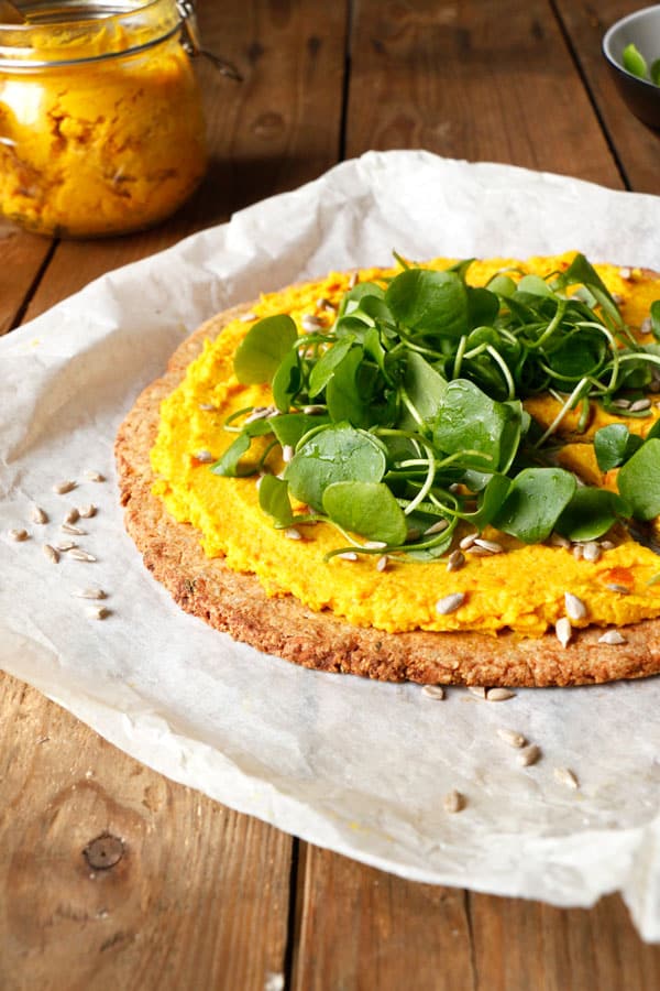 Parsnip Pizza with Roasted Carrot Parsnip Hummus (grain-free & vegan)