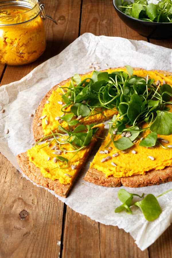 Parsnip Pizza with Roasted Carrot Parsnip Hummus (grain-free & vegan)