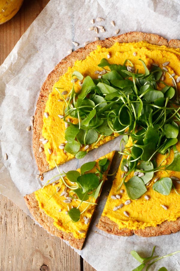 Parsnip Pizza with Roasted Carrot Parsnip Hummus (grain-free & vegan)