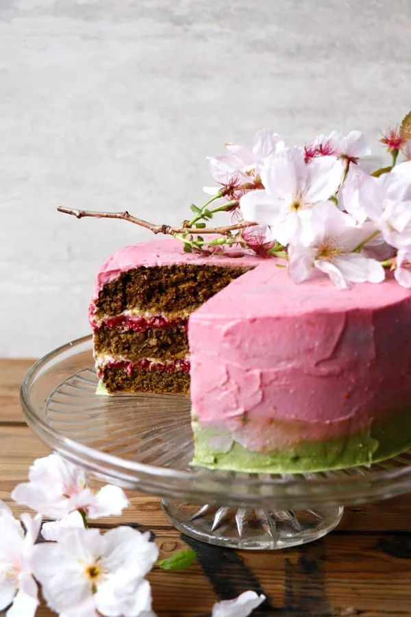 Raspberry Matcha Celebration Cake (gluten-free & vegan)