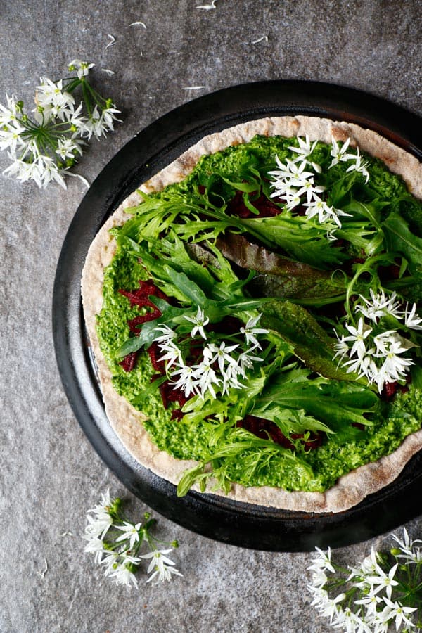 Buckwheat Teff Flatbread Pizza with Wild Garlic Pesto