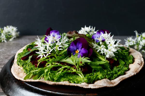 Buckwheat Teff Flatbread Pizza with Wild Garlic Pesto