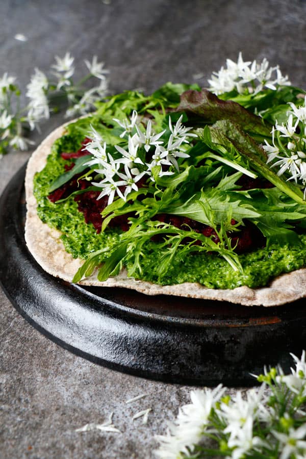 Buckwheat Teff Flatbread Pizza with Wild Garlic Pesto