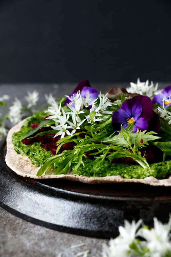 Buckwheat Teff Flatbread Pizza with Wild Garlic Pesto