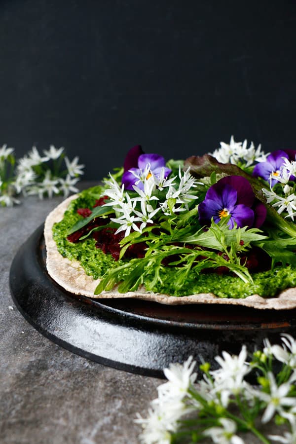 Buckwheat Teff Flatbread Pizza with Wild Garlic Pesto