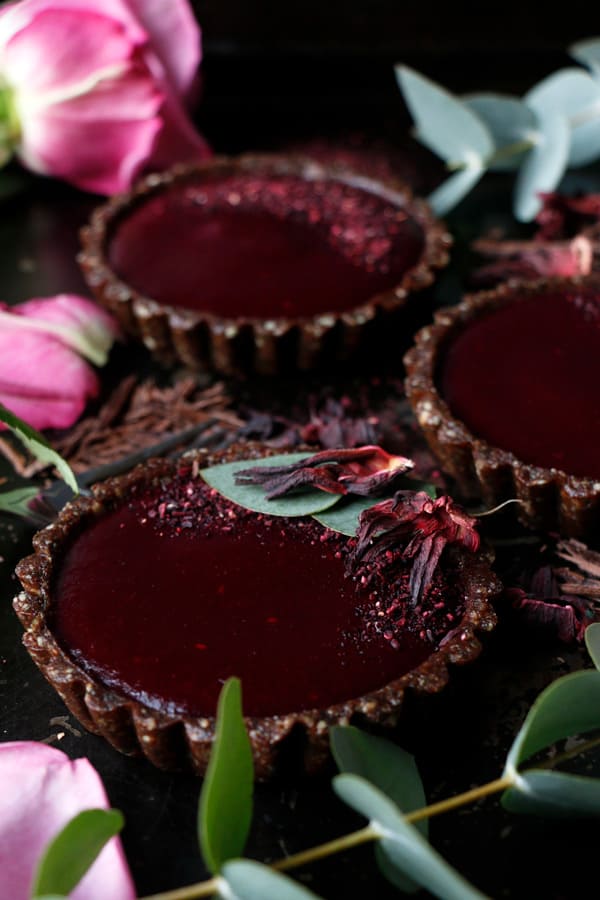 Raspberry Hibiscus Chocolate Tarts (grain-free & vegan)