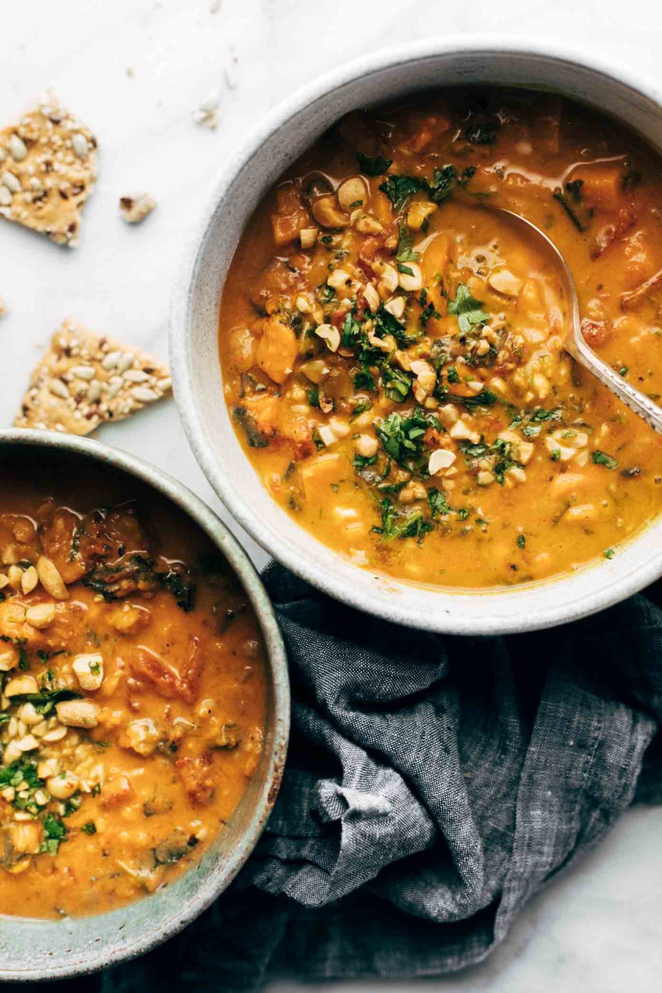 Spicy Peanut Soup with Sweet Potato and Kale