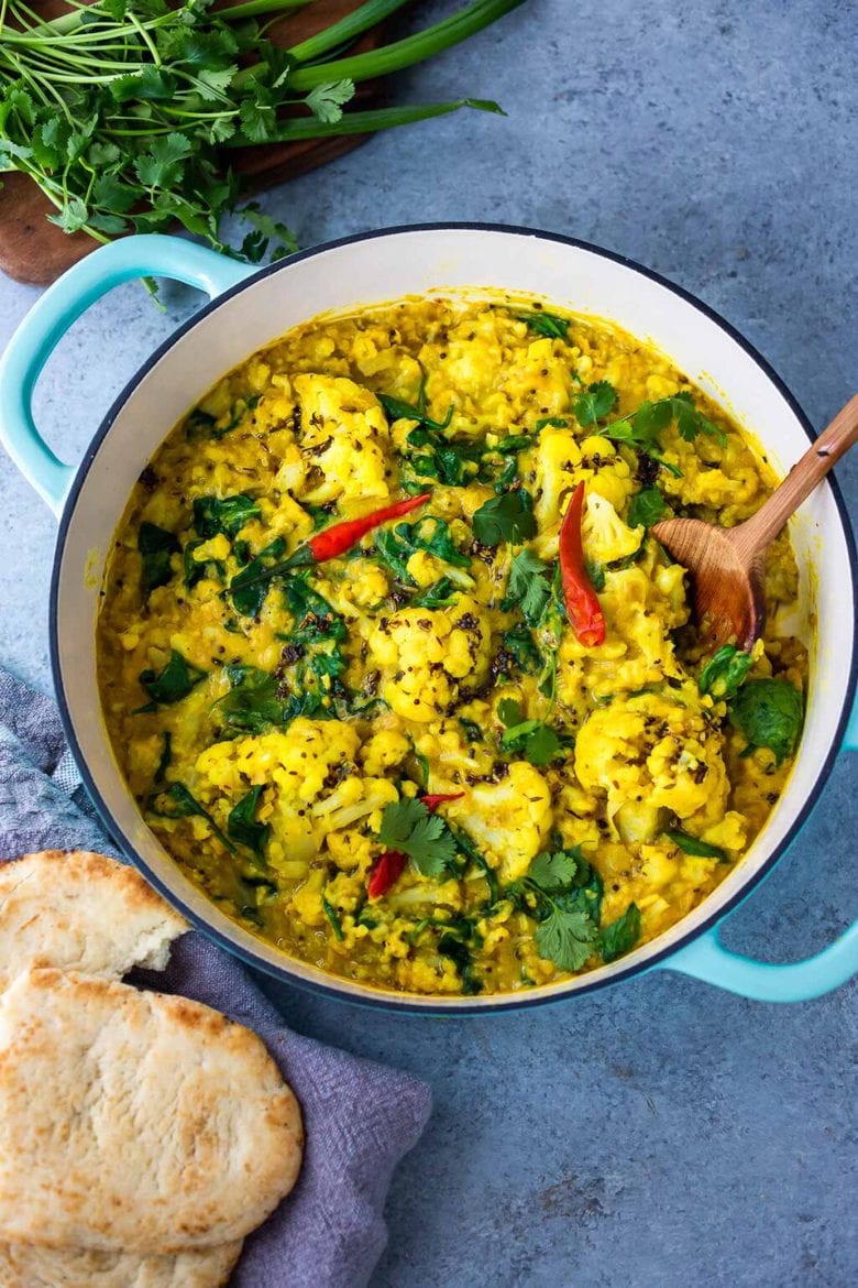 Golden Cauliflower Dal with Red Lentils, Coconut and Spinach