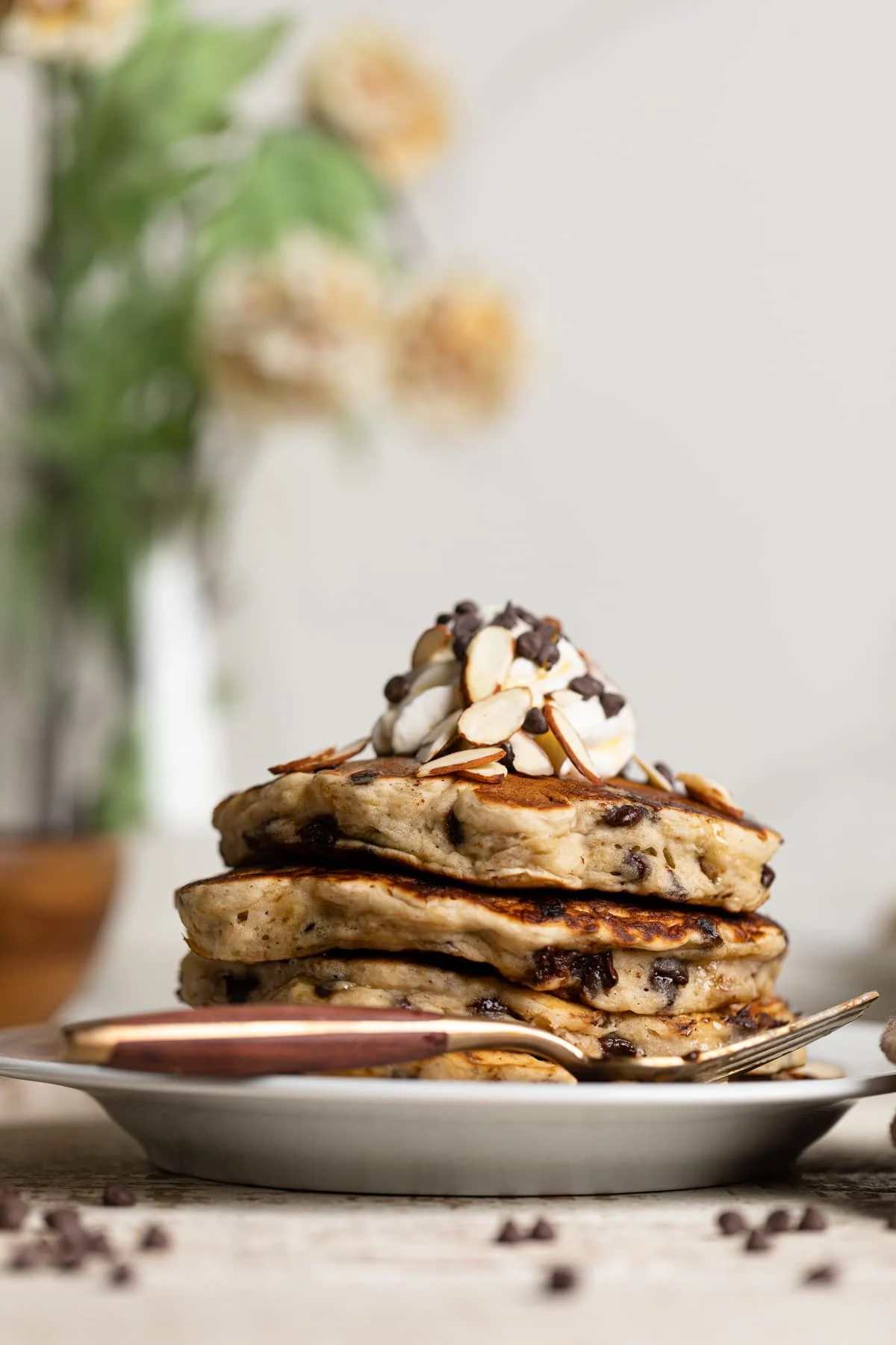 Fluffy Vegan Banana Chocolate Chip Pancakes