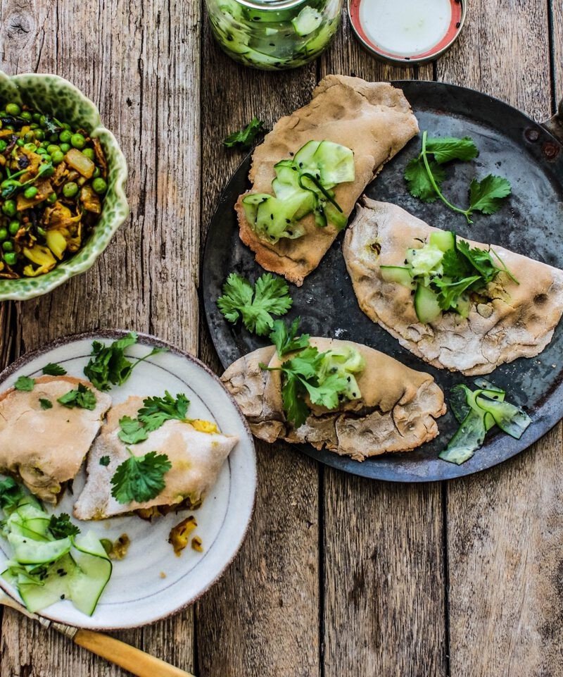 Baked Empanadas with Spiced Cauliflower and Peas and Middle Eastern Spinach