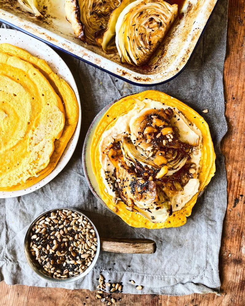 Red Lentil Crepes with Charred Cabbage