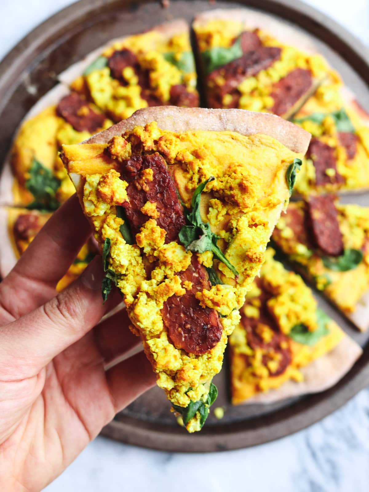 Cheezy Vegan Breakfast Pizza with Smoky Tempeh Bacon