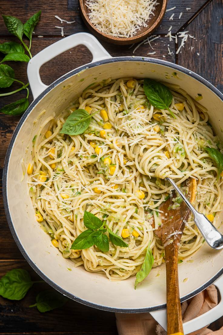 Creamy Vegan Zucchini Pasta with Sweet Corn