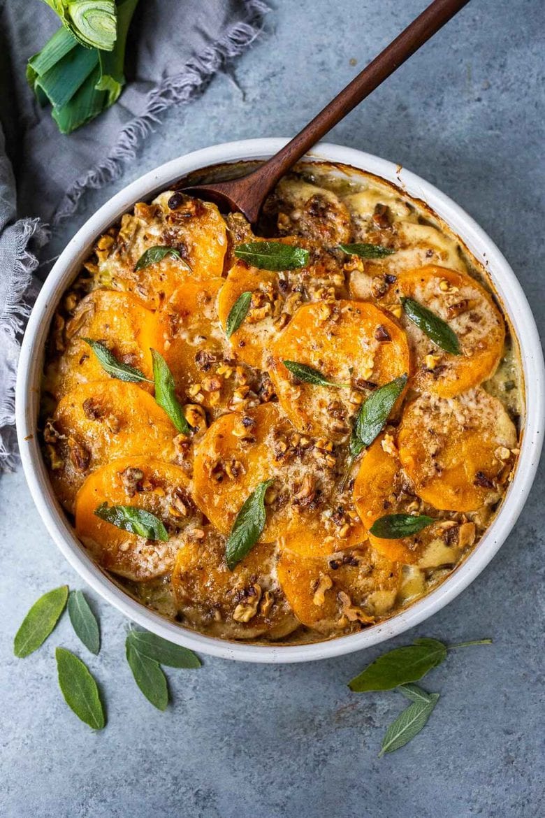 Butternut Gratin with Leeks, Sage and Walnuts