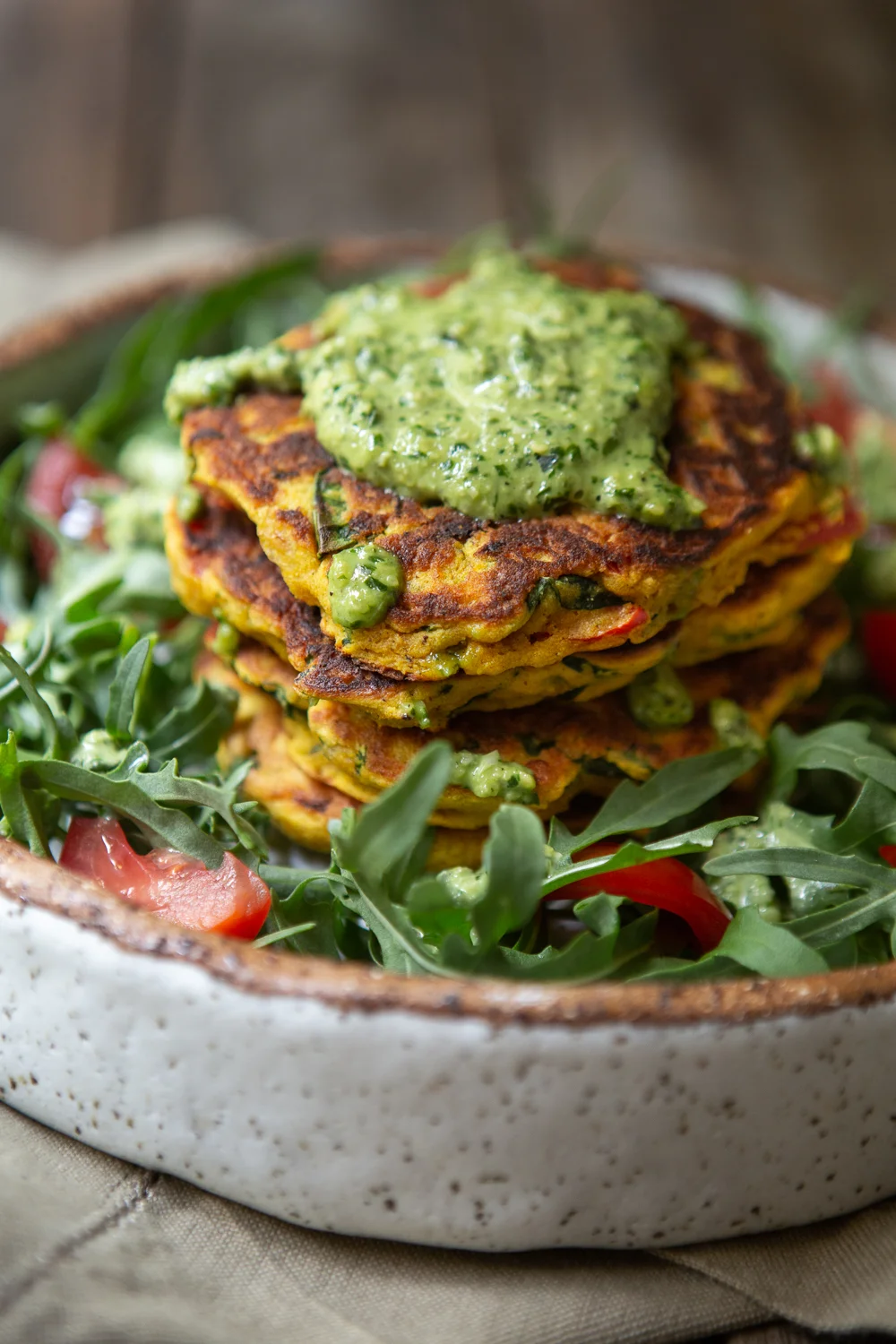 Vegan Chickpea Pancakes With a Creamy Pesto Dressing