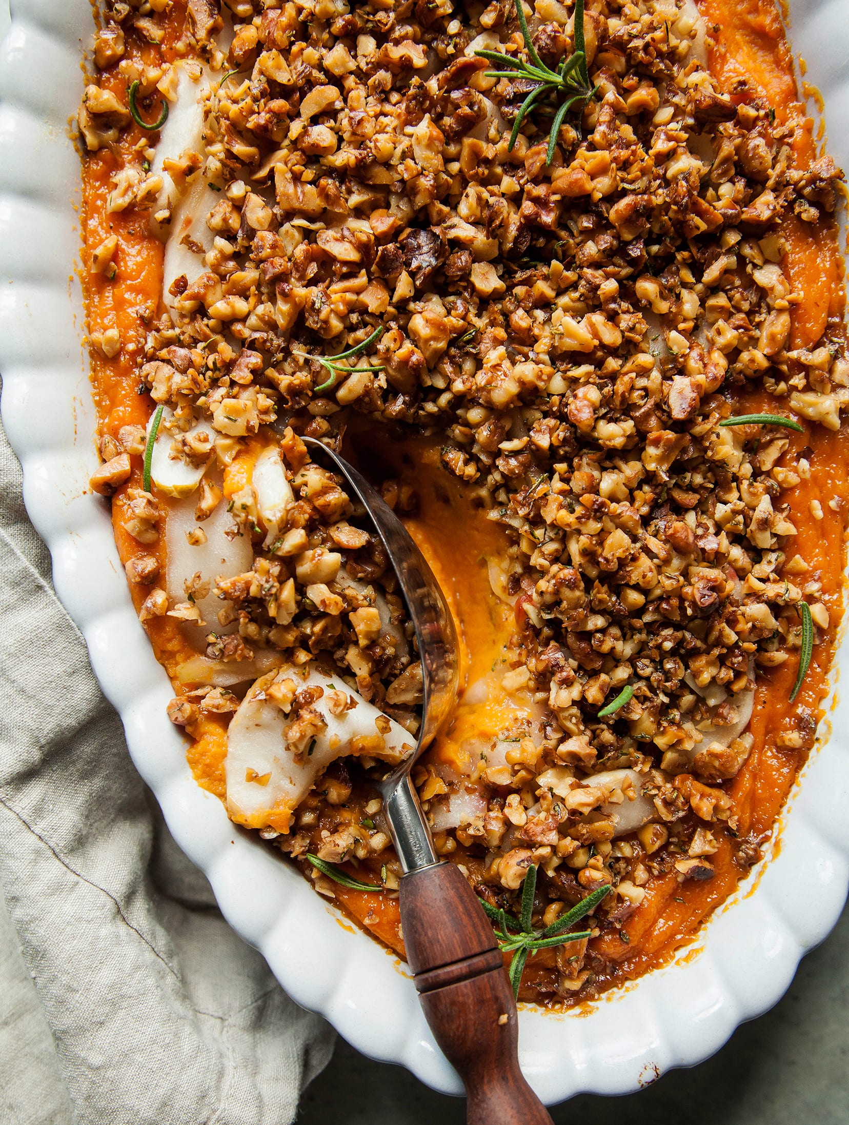 Vegan Sweet Potato Casserole with Apples and Crunchy Rosemary Walnuts